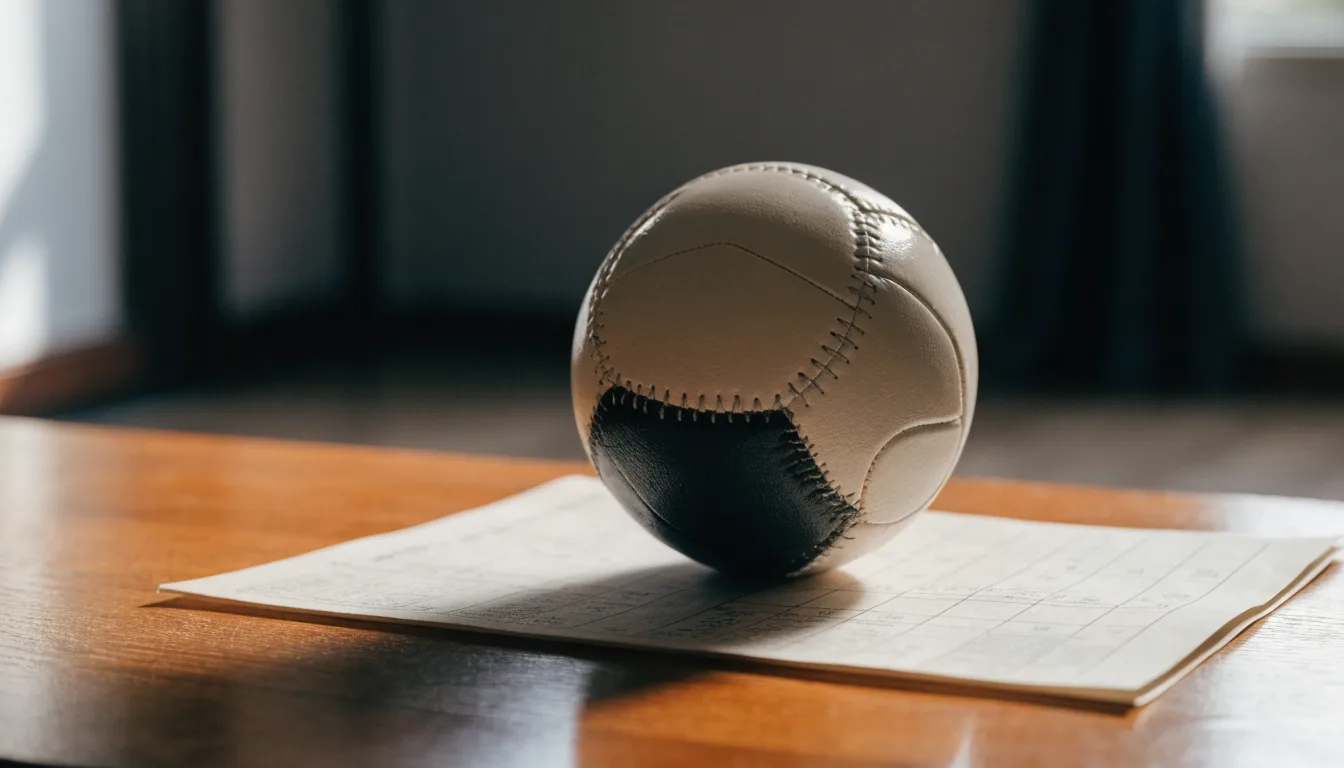 Uma bola de futebol pousada sobre um talão de apostas em branco numa mesa de madeira, à luz do dia