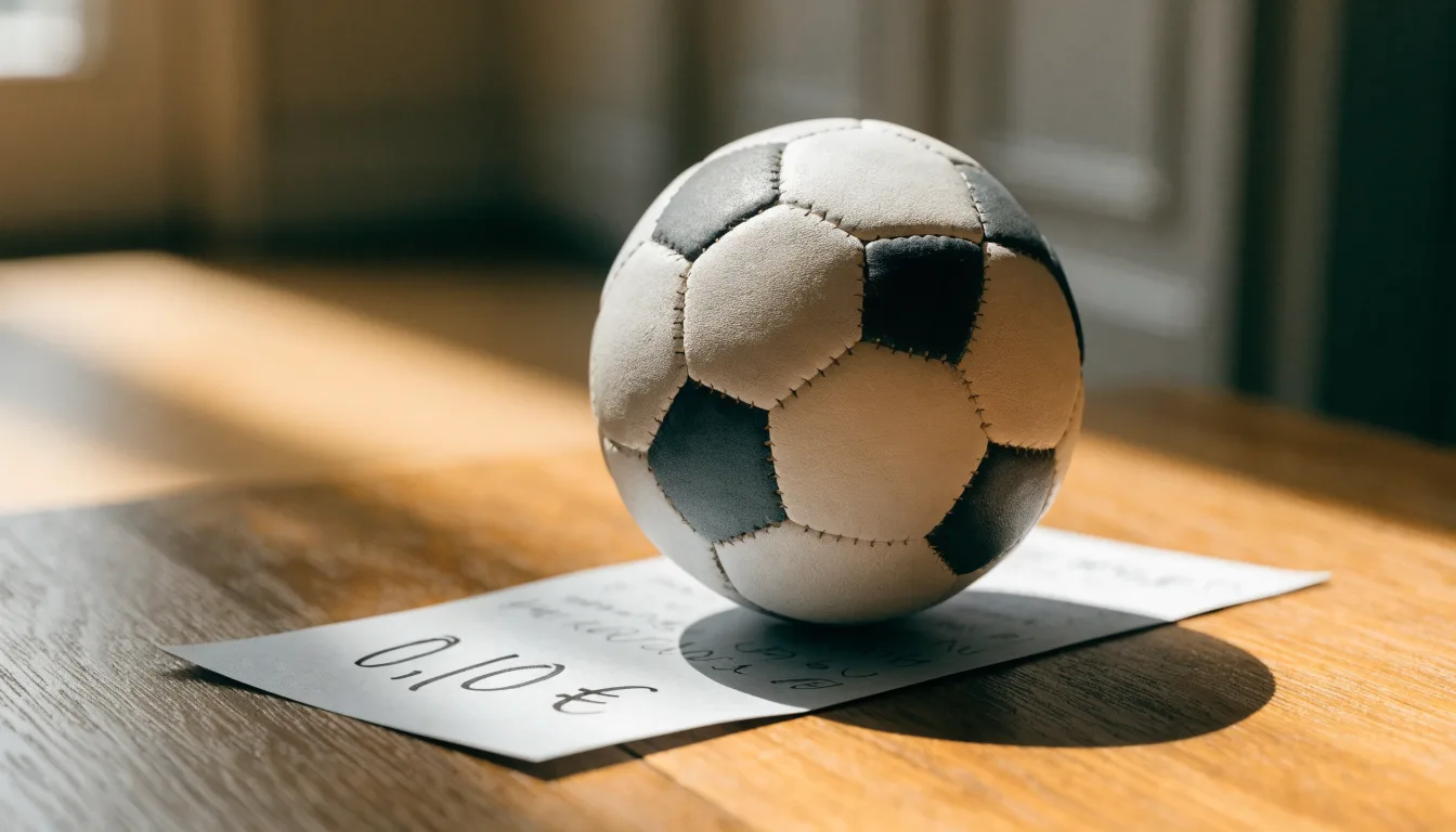 Uma bola de futebol pousada sobre um talão de apostas em branco numa mesa de madeira, à luz do dia