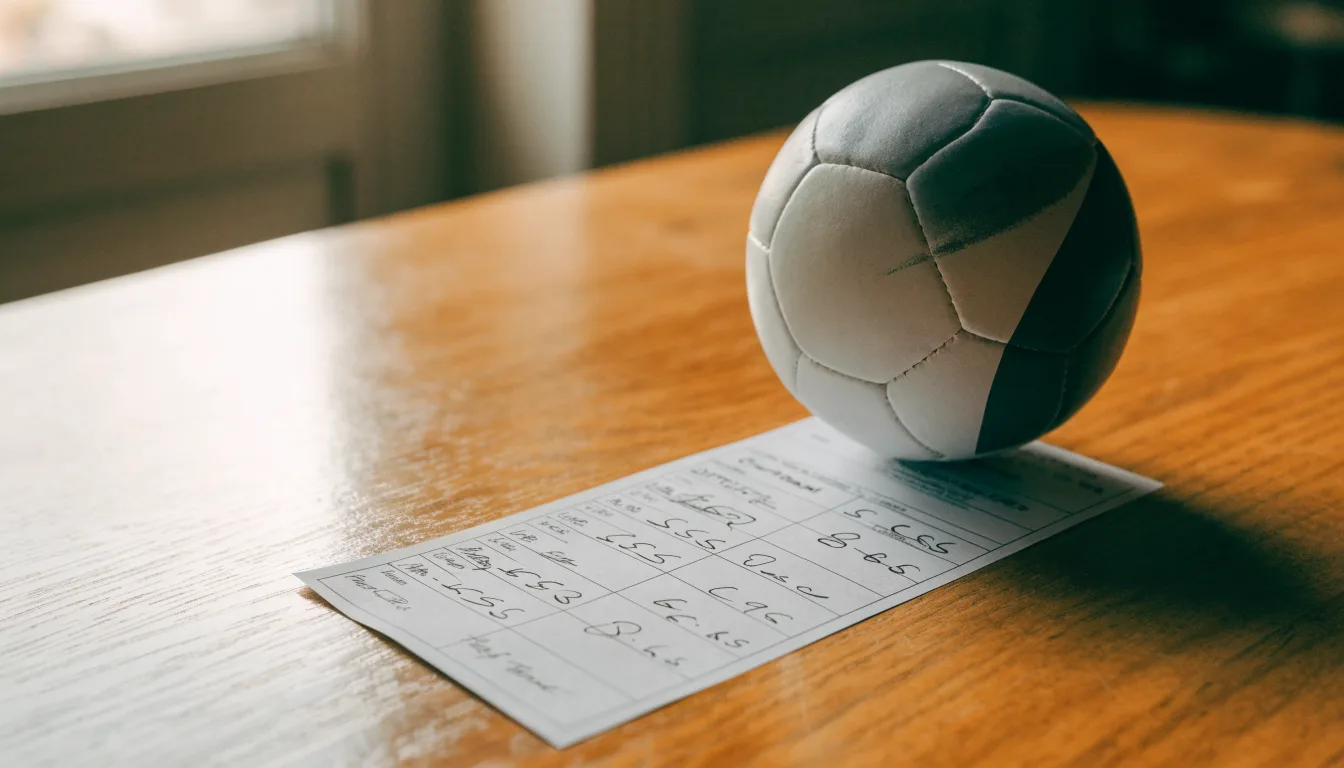 Uma bola de futebol pousada sobre um talão de apostas em branco numa mesa de madeira, à luz do dia