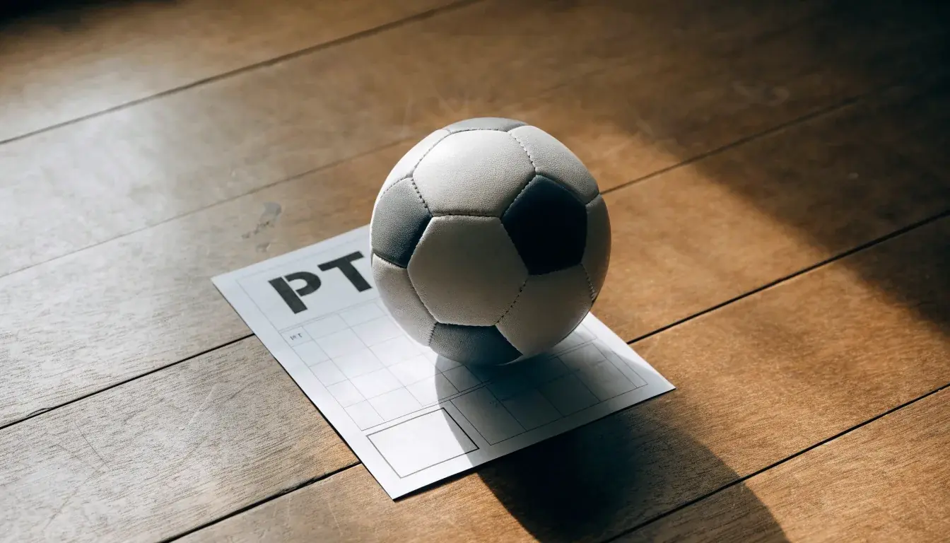 Uma bola de futebol pousada sobre um talão de apostas em branco numa mesa de madeira, à luz do dia
