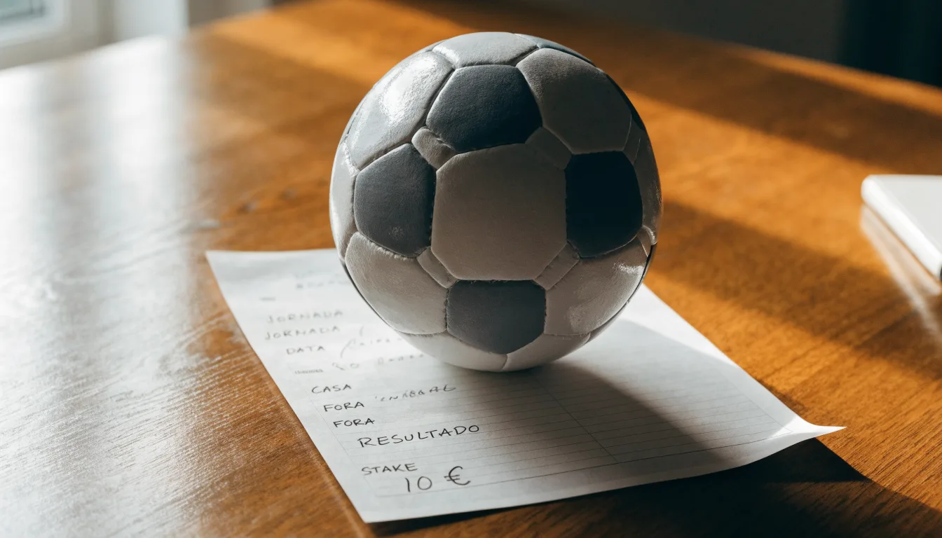 Uma bola de futebol pousada sobre um talão de apostas em branco numa mesa de madeira, à luz do dia