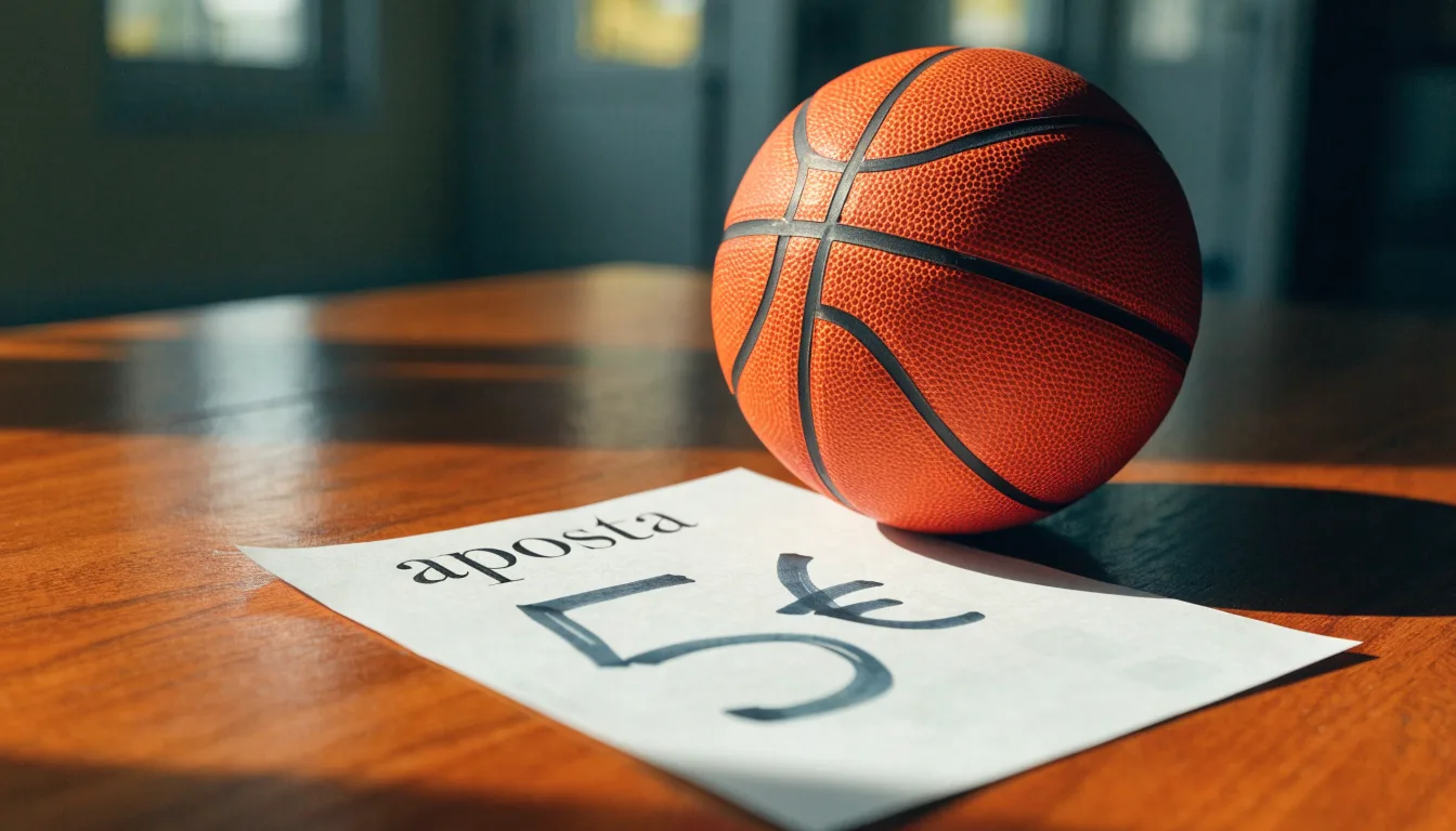 Uma bola de futebol pousada sobre um talão de apostas em branco numa mesa de madeira, à luz do dia