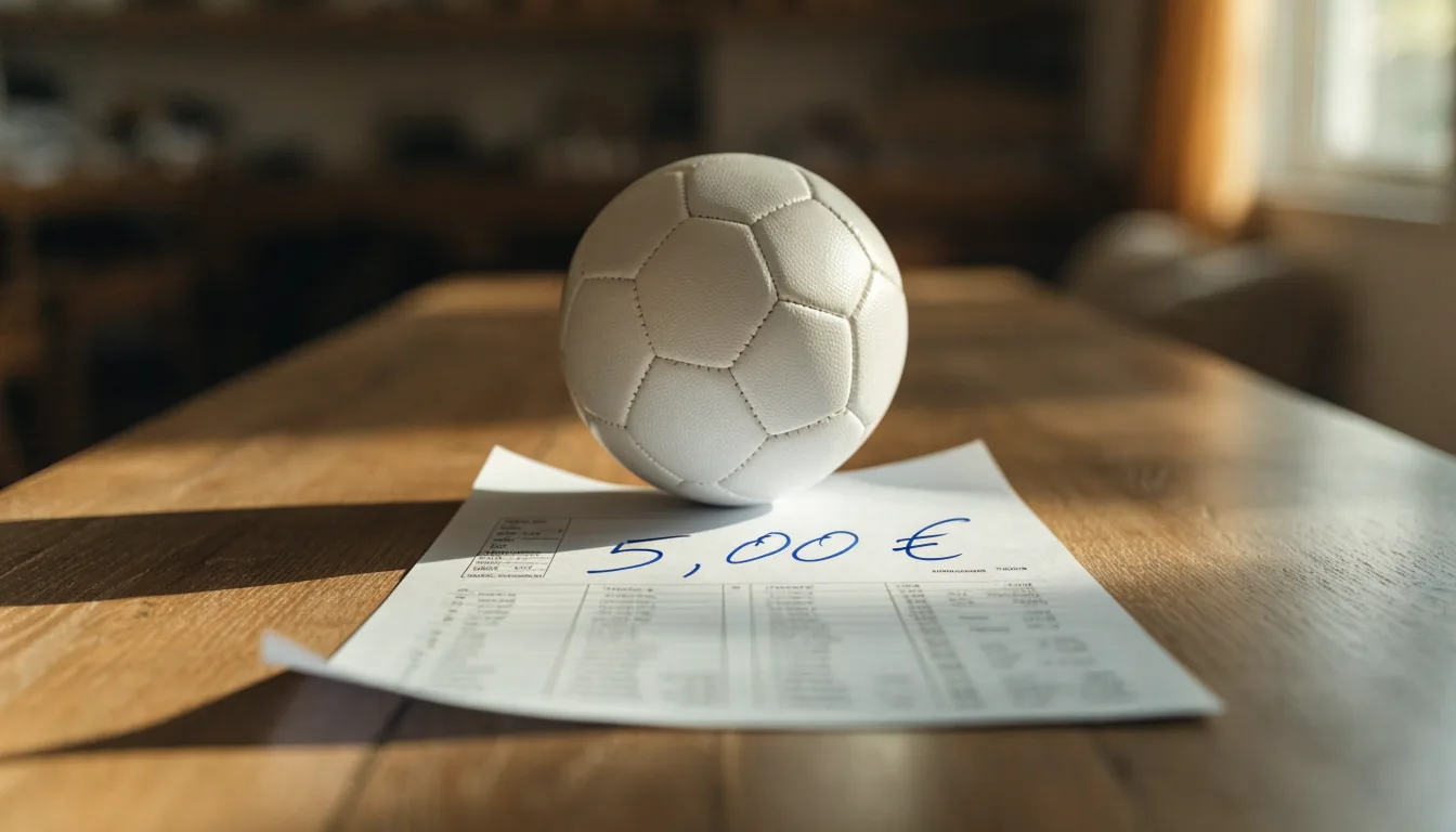Uma bola de futebol pousada sobre um talão de apostas em branco numa mesa de madeira, à luz do dia