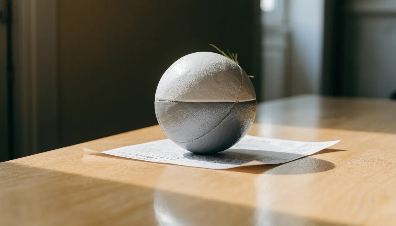 Uma bola de futebol pousada sobre um talão de apostas em branco numa mesa de madeira, à luz do dia