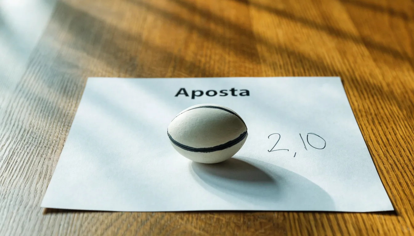 Uma bola de futebol pousada sobre um talão de apostas em branco numa mesa de madeira, à luz do dia