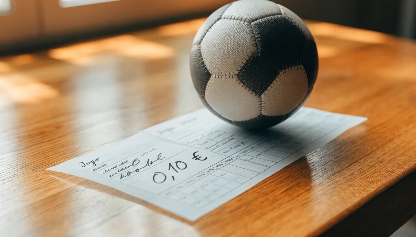 Uma bola de futebol pousada sobre um talão de apostas em branco numa mesa de madeira, à luz do dia