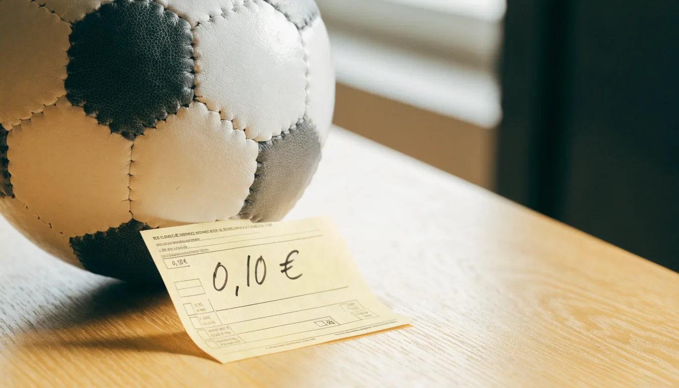 Uma bola de futebol pousada sobre um talão de apostas em branco numa mesa de madeira, à luz do dia