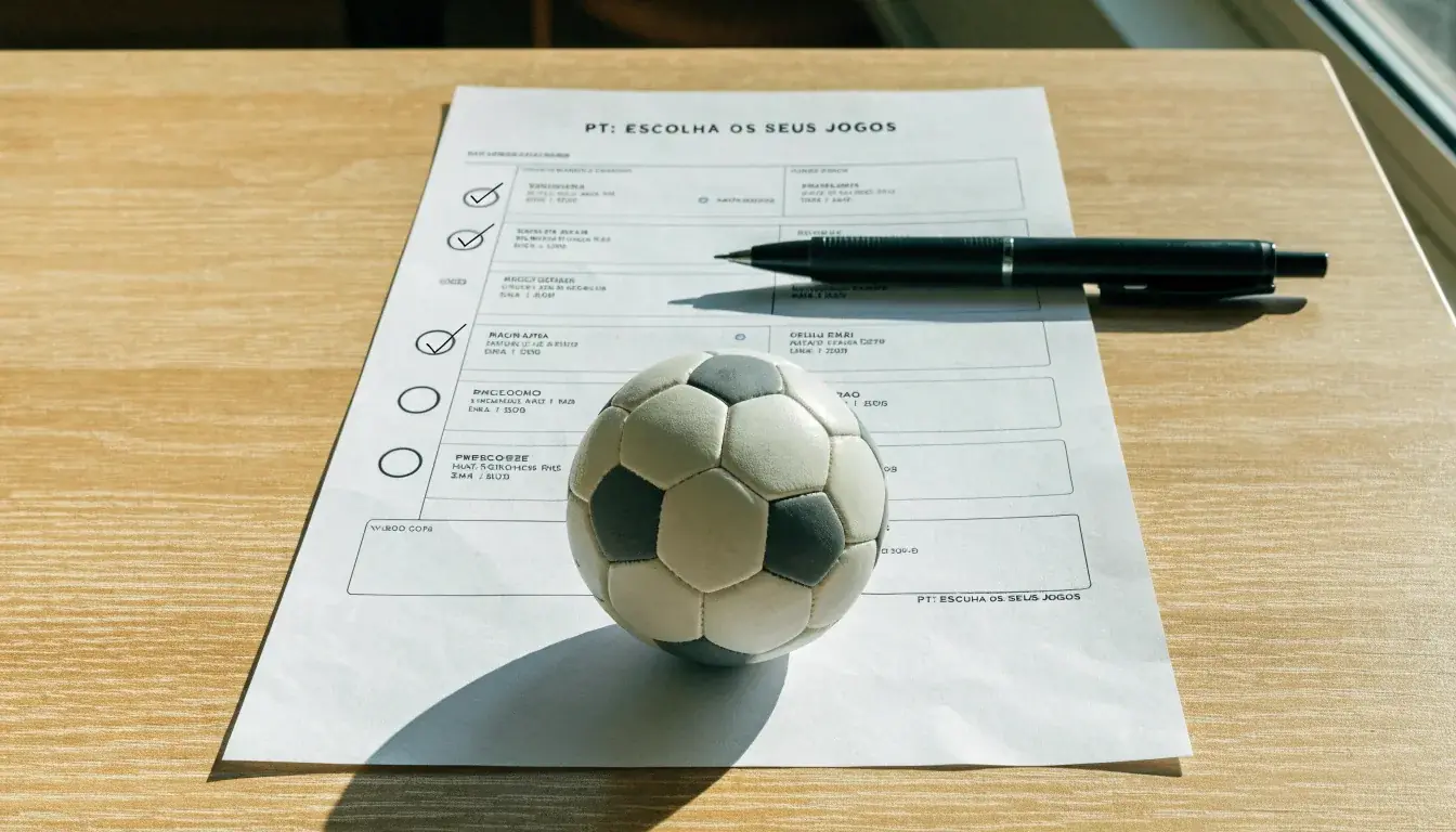 Uma bola de futebol pousada sobre um talão de apostas em branco numa mesa de madeira, à luz do dia