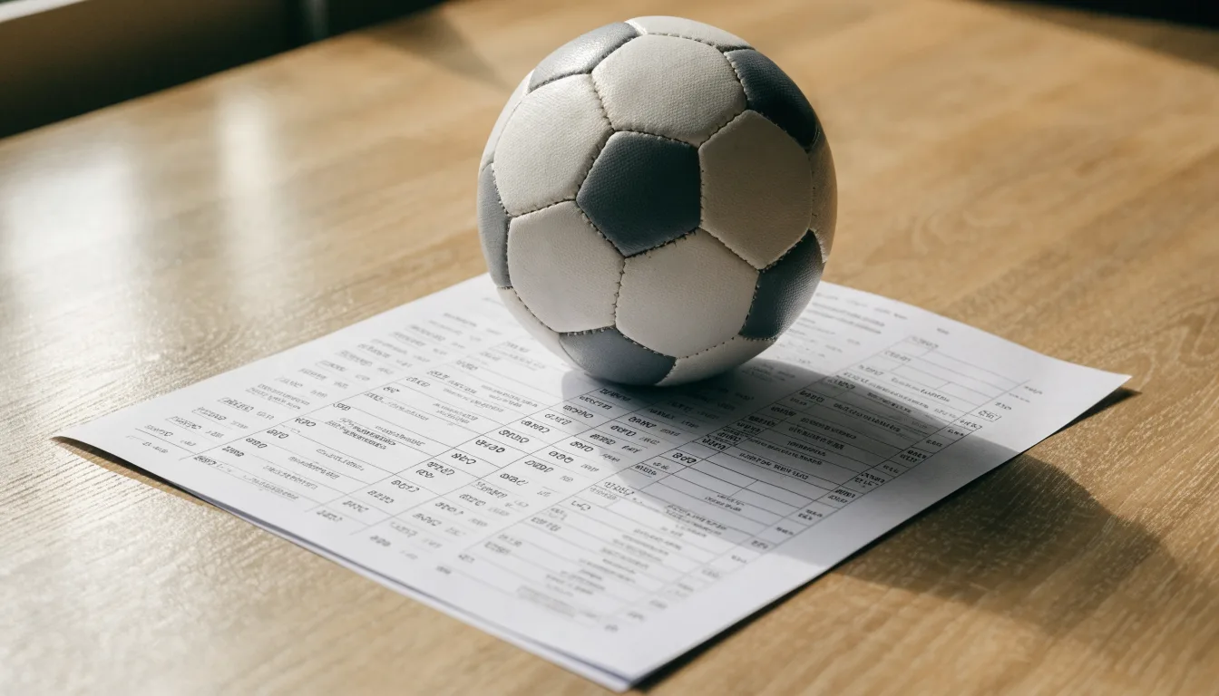 Uma bola de futebol pousada sobre um talão de apostas em branco numa mesa de madeira, à luz do dia