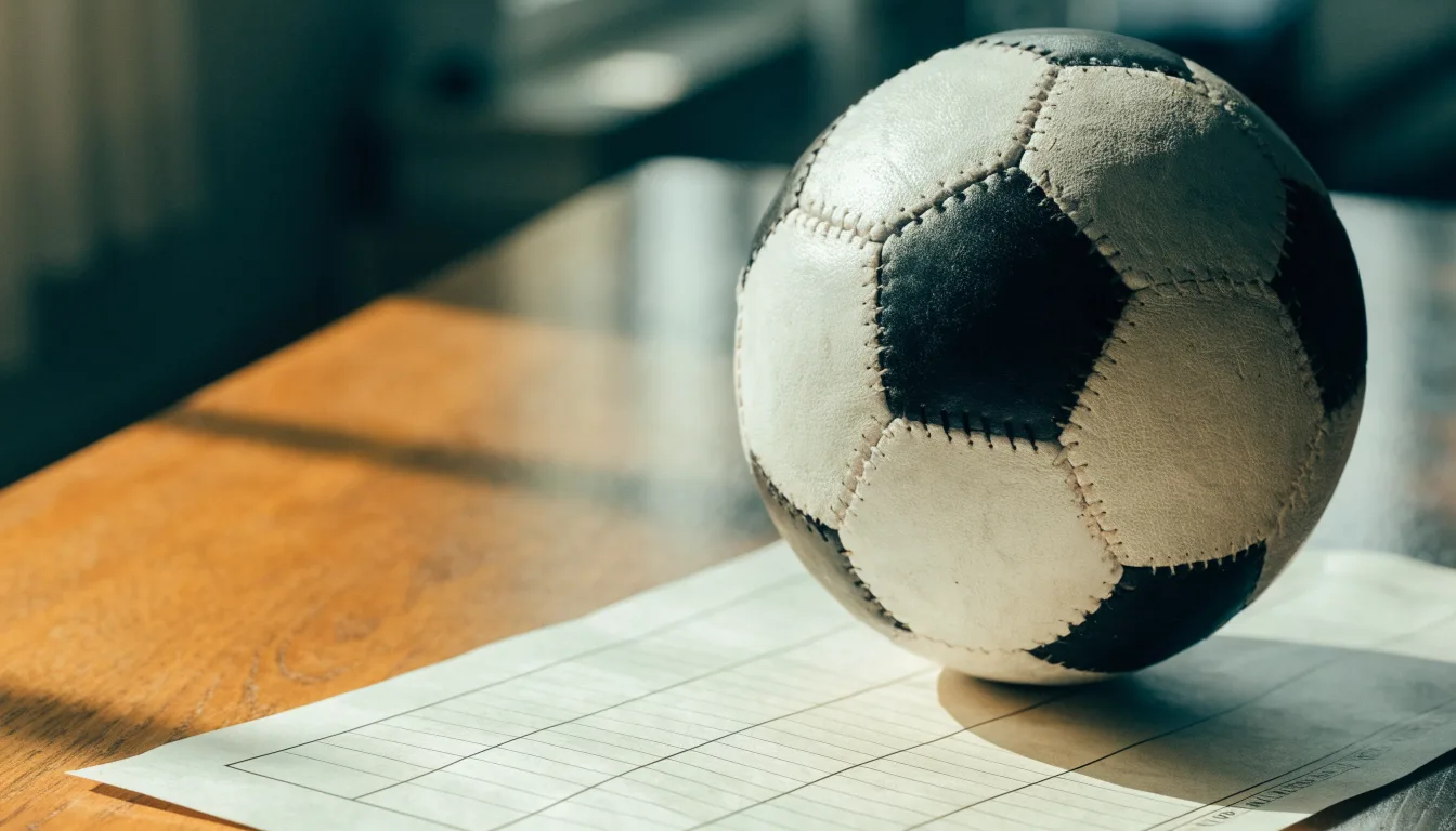 Uma bola de futebol pousada sobre um talão de apostas em branco numa mesa de madeira, à luz do dia
