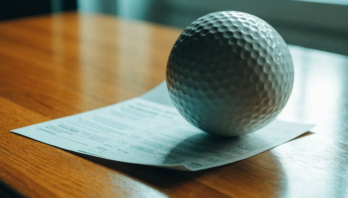 Uma bola de futebol pousada sobre um talão de apostas em branco numa mesa de madeira, à luz do dia