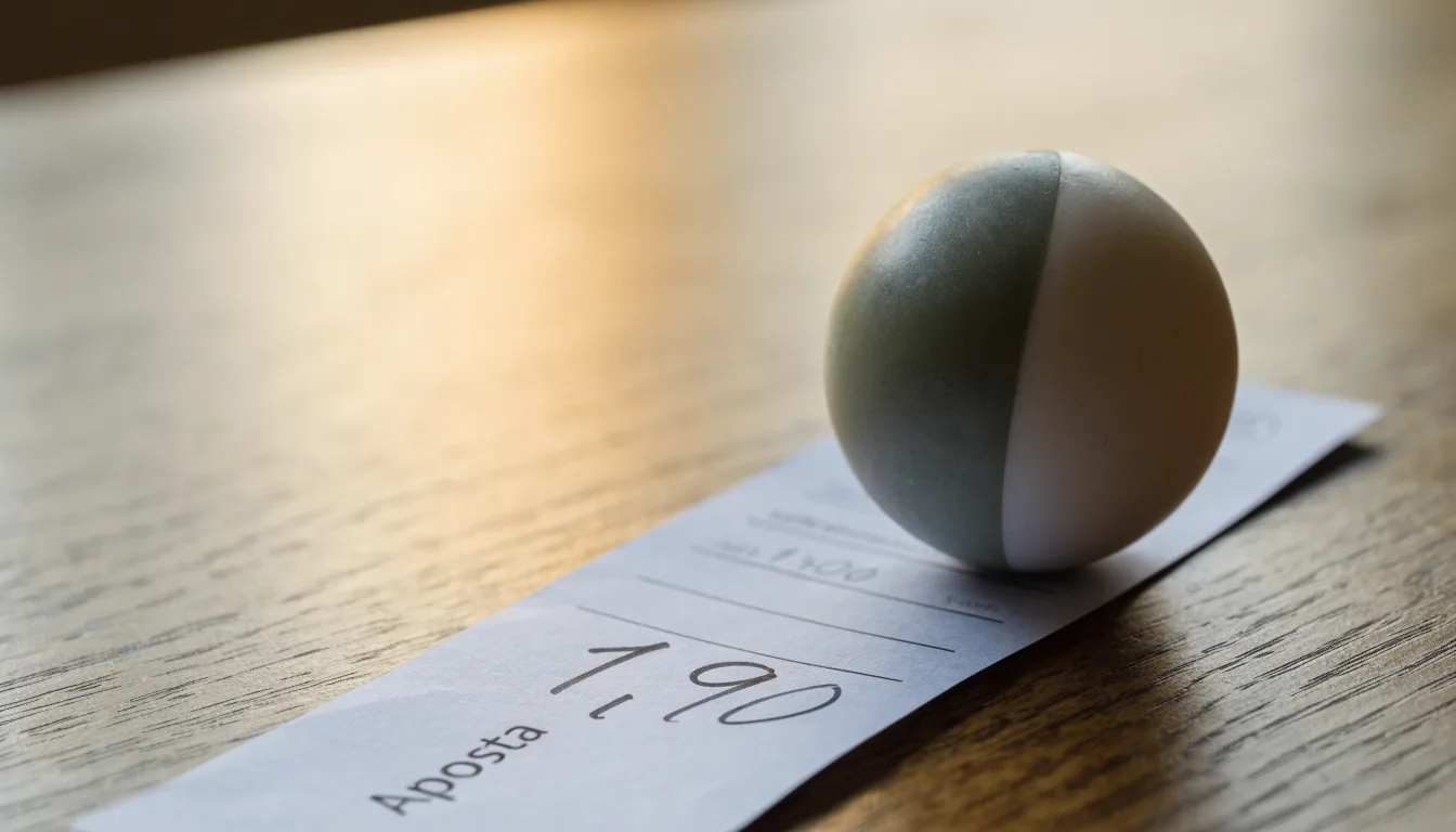Uma bola de futebol pousada sobre um talão de apostas em branco numa mesa de madeira, à luz do dia
