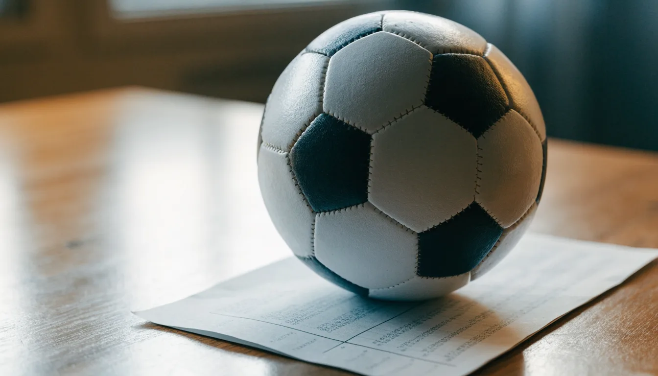 Uma bola de futebol pousada sobre um talão de apostas em branco numa mesa de madeira, à luz do dia