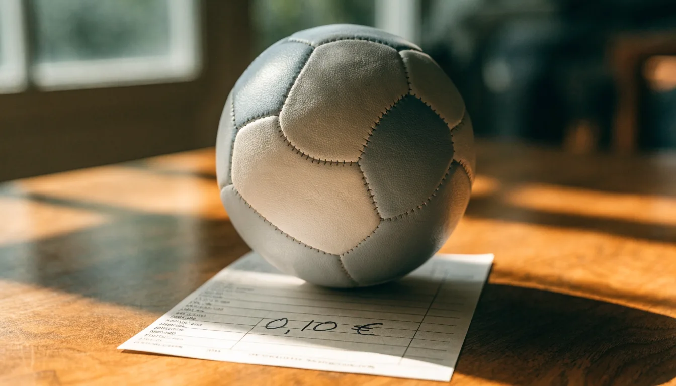 Uma bola de futebol pousada sobre um talão de apostas em branco numa mesa de madeira, à luz do dia