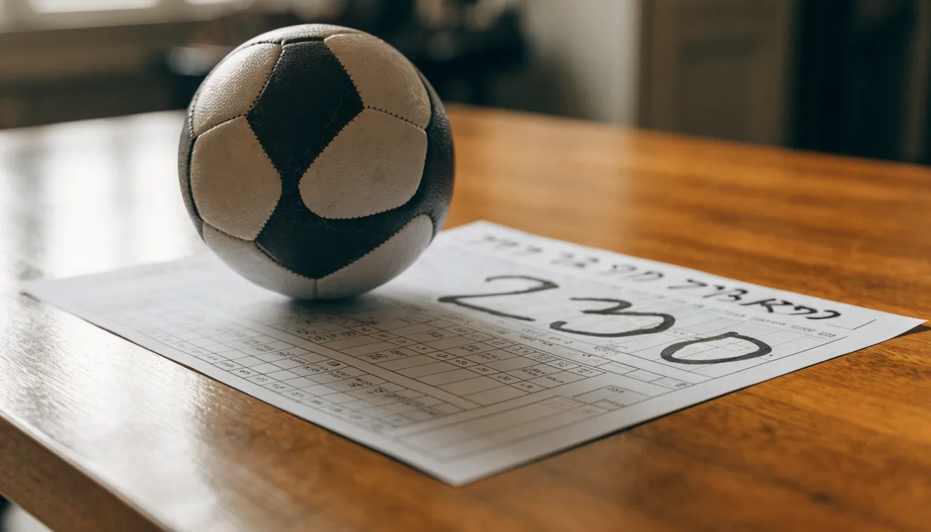 Uma bola de futebol pousada sobre um talão de apostas em branco numa mesa de madeira, à luz do dia