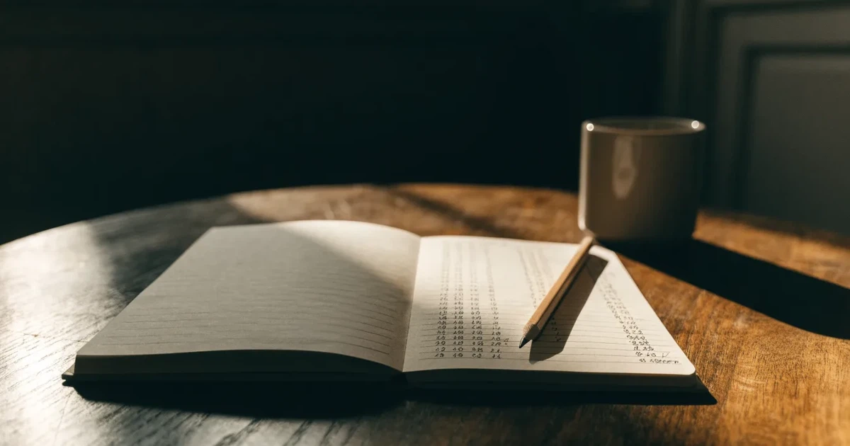 Um caderno aberto com cotas escritas à mão, uma calculadora e um lápis sobre uma mesa de madeira