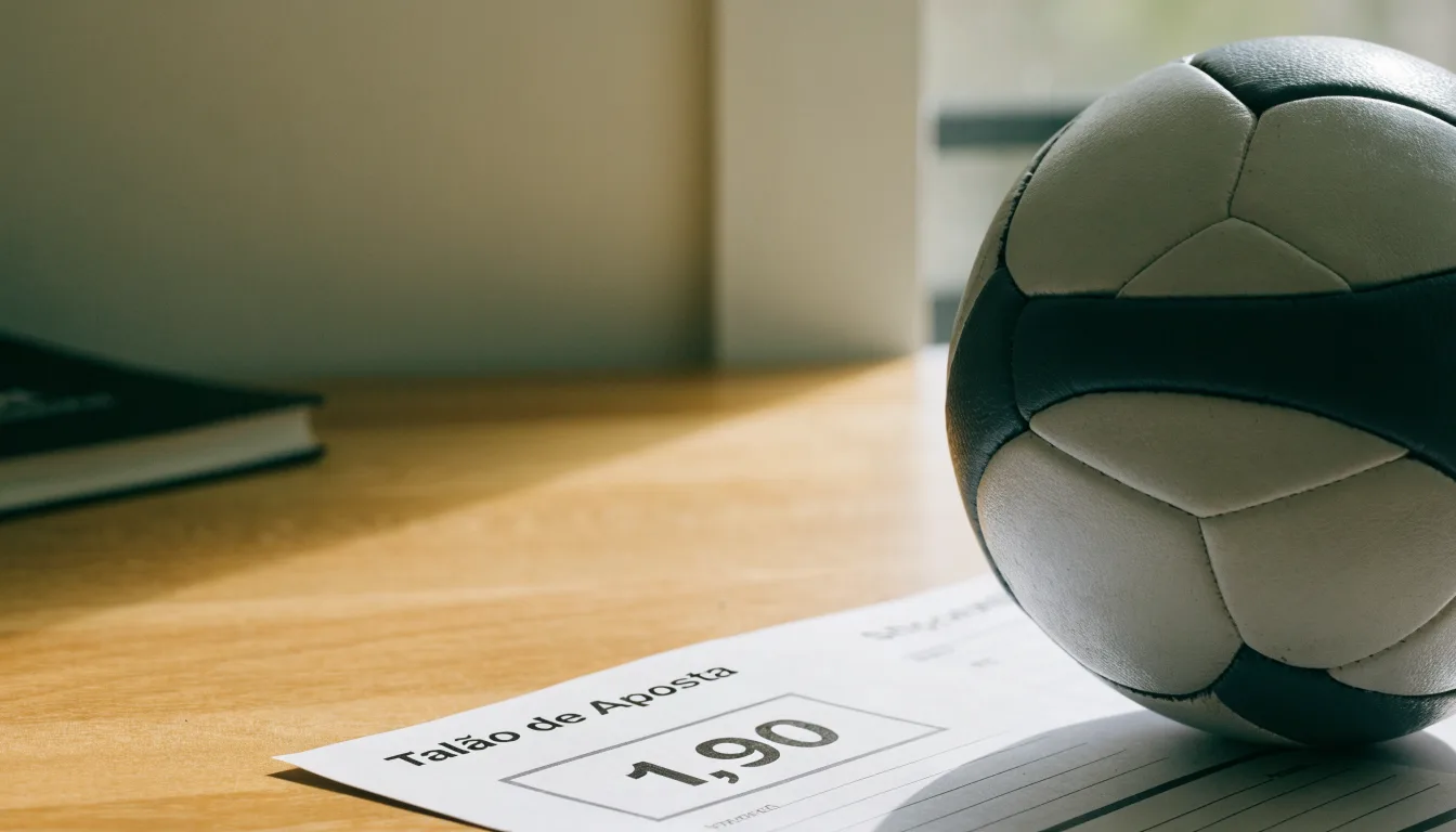 Uma bola de futebol pousada sobre um talão de apostas em branco numa mesa de madeira, à luz do dia