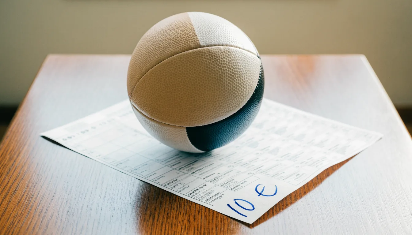 Uma bola de futebol pousada sobre um talão de apostas em branco numa mesa de madeira, à luz do dia