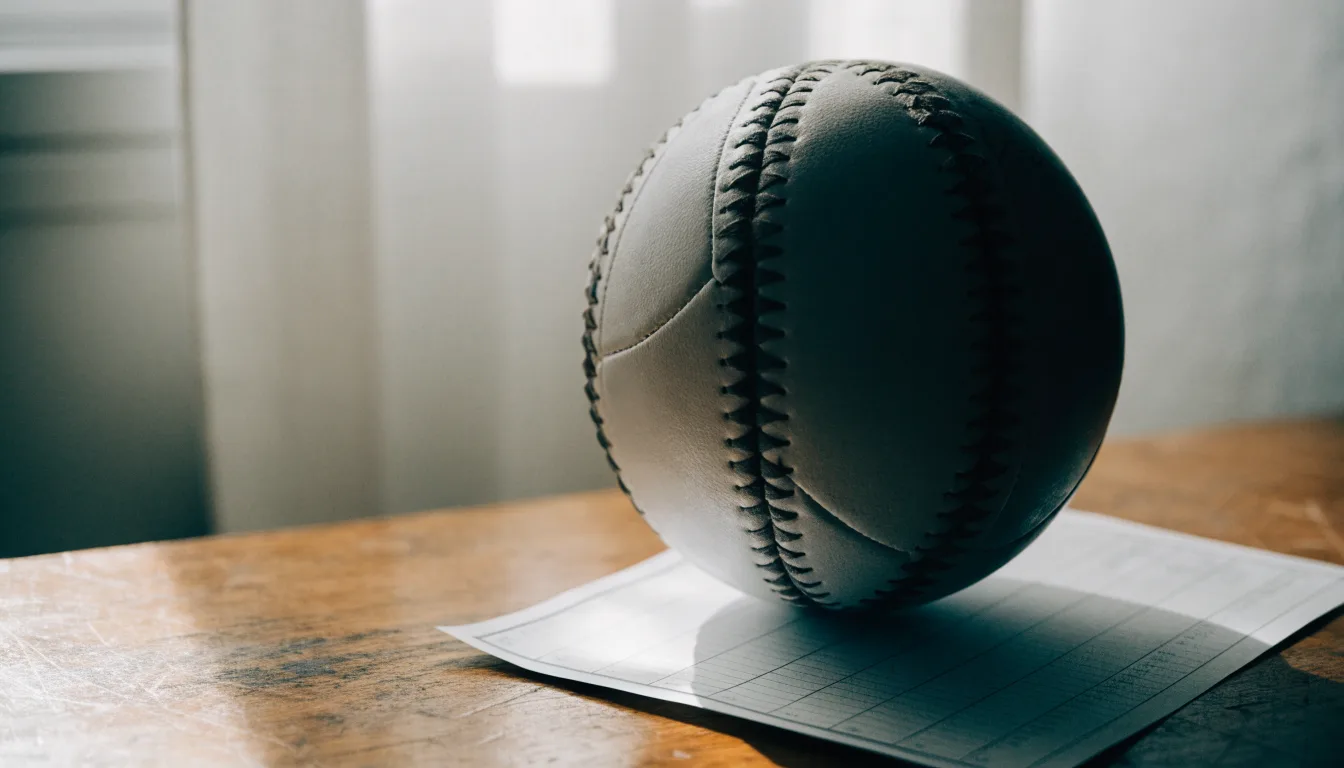 Uma bola de futebol pousada sobre um talão de apostas em branco numa mesa de madeira, à luz do dia