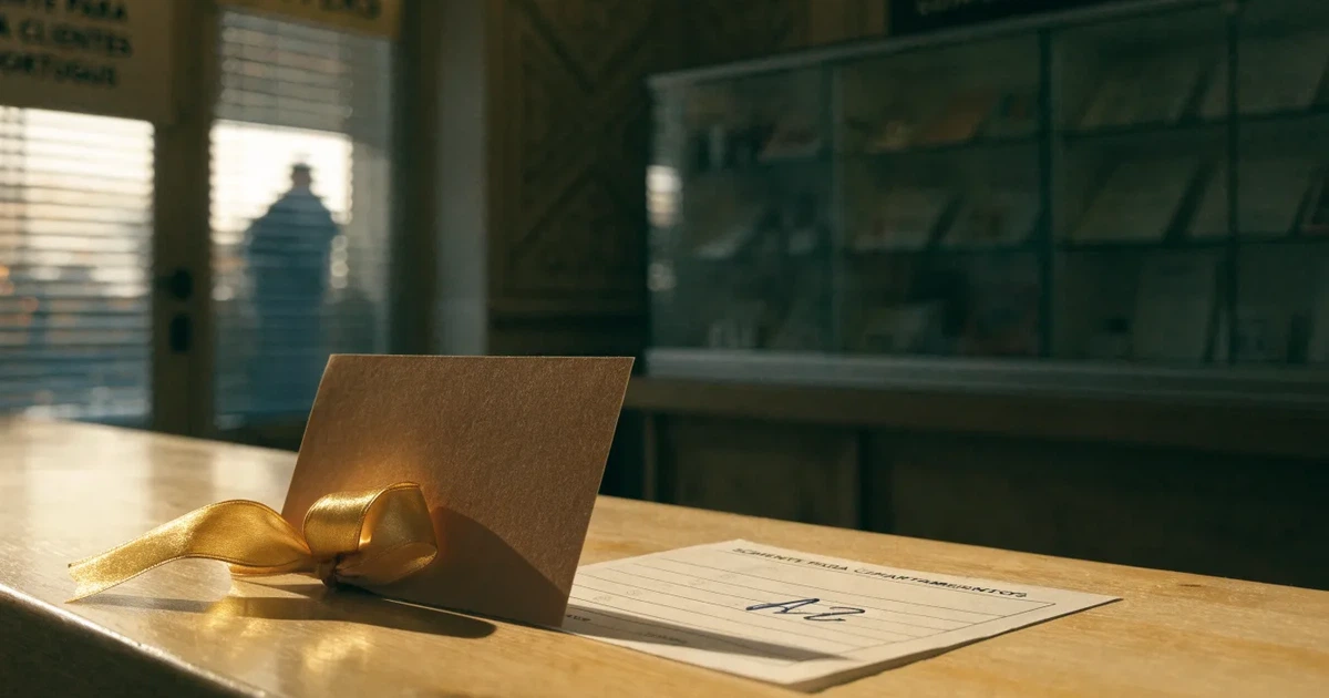 Um cartão de oferta com uma fita dourada ao lado de um talão de apostas numa bancada de madeira