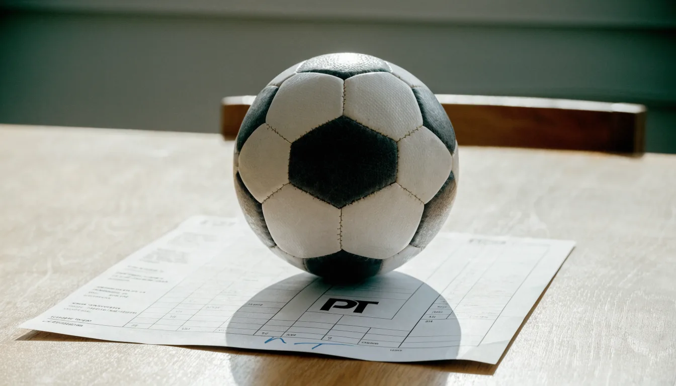 Uma bola de futebol pousada sobre um talão de apostas em branco numa mesa de madeira, à luz do dia