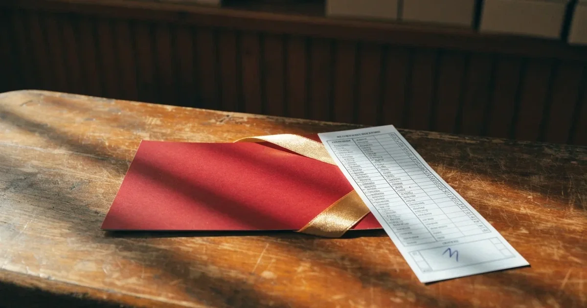 Um cartão de oferta com uma fita dourada ao lado de um talão de apostas numa bancada de madeira