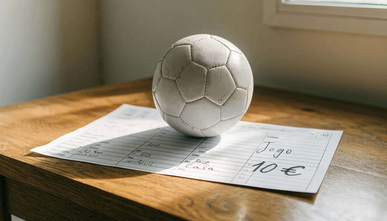 Uma bola de futebol pousada sobre um talão de apostas em branco numa mesa de madeira, à luz do dia