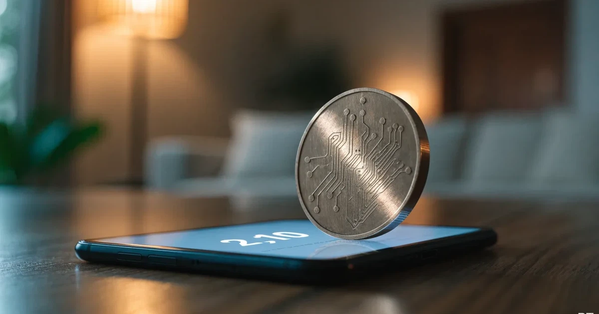 Uma moeda física de bitcoin ao lado de um telemóvel com um talão de aposta no ecrã, sobre uma mesa escura