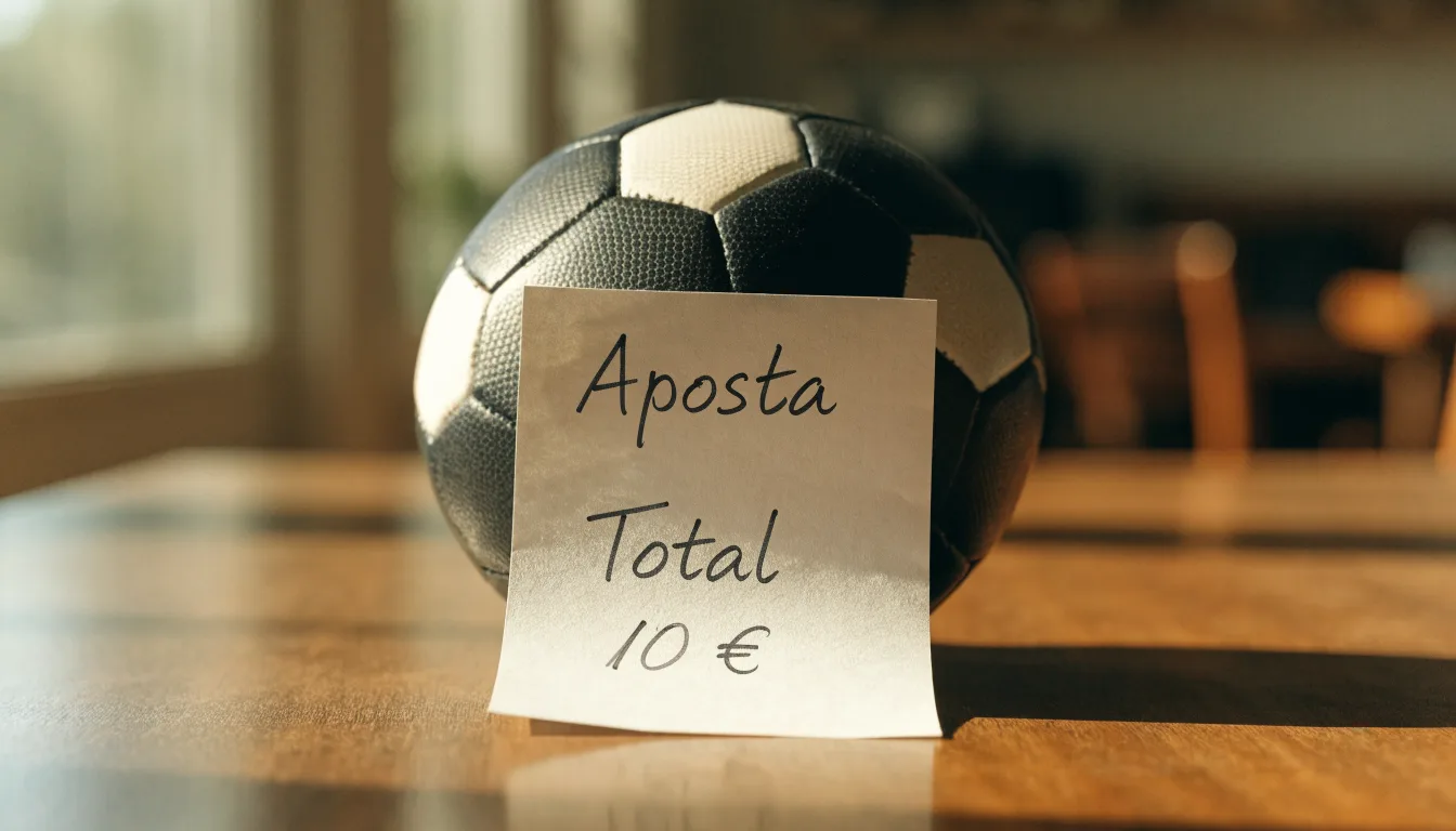 Uma bola de futebol pousada sobre um talão de apostas em branco numa mesa de madeira, à luz do dia
