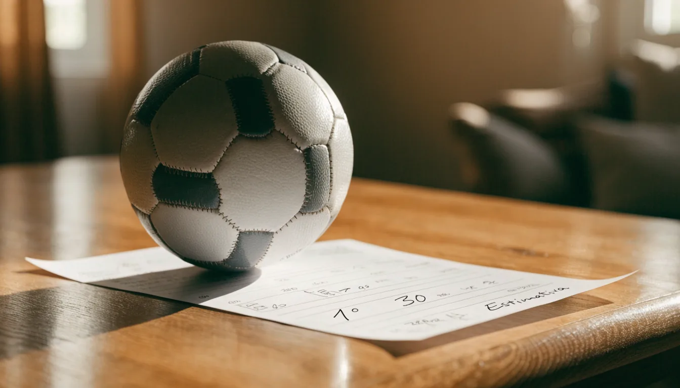 Uma bola de futebol pousada sobre um talão de apostas em branco numa mesa de madeira, à luz do dia