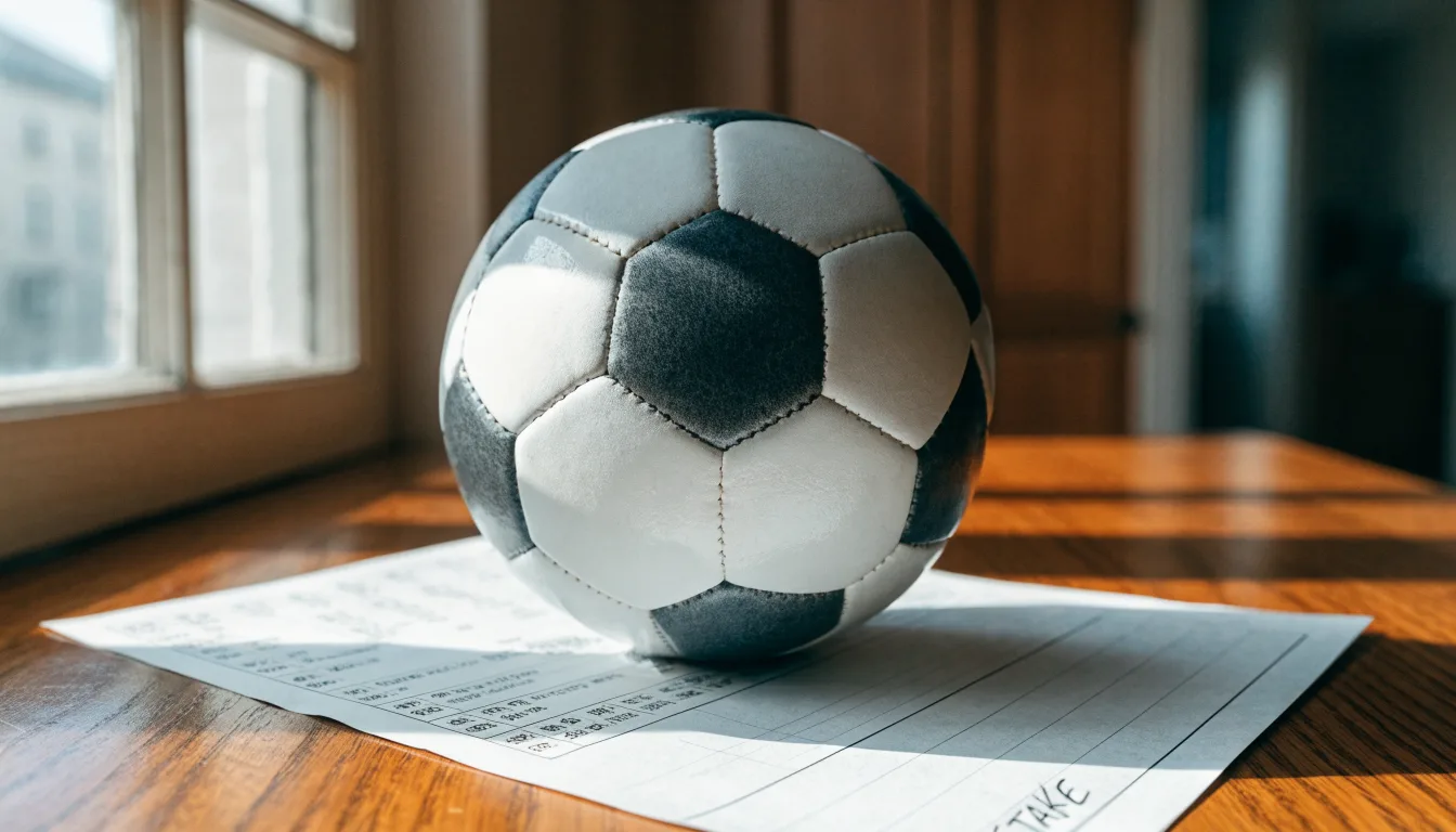 Uma bola de futebol pousada sobre um talão de apostas em branco numa mesa de madeira, à luz do dia