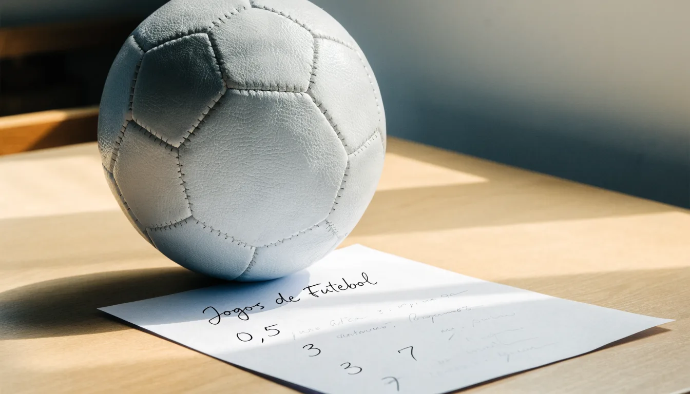 Uma bola de futebol pousada sobre um talão de apostas em branco numa mesa de madeira, à luz do dia