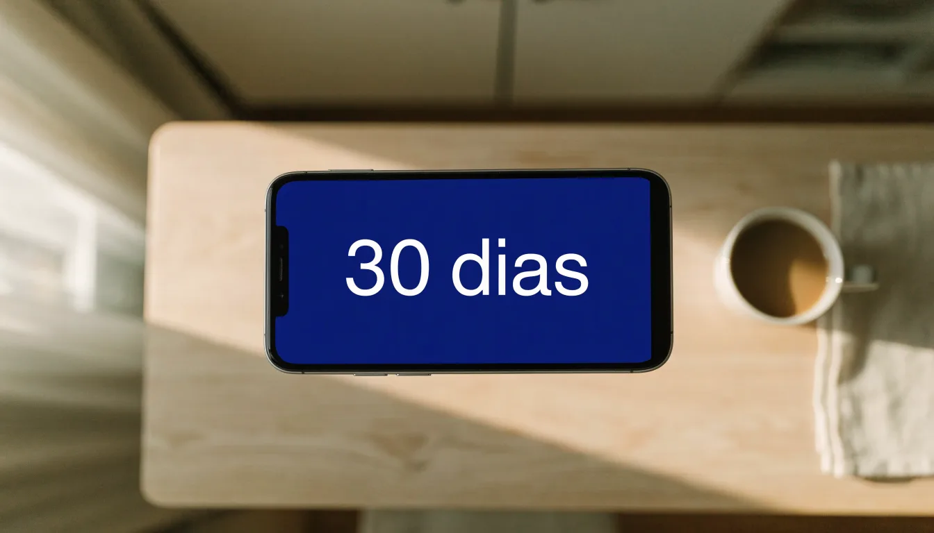 Um cartão de cidadão pousado ao lado de um telemóvel com um temporizador no ecrã, numa mesa de cozinha