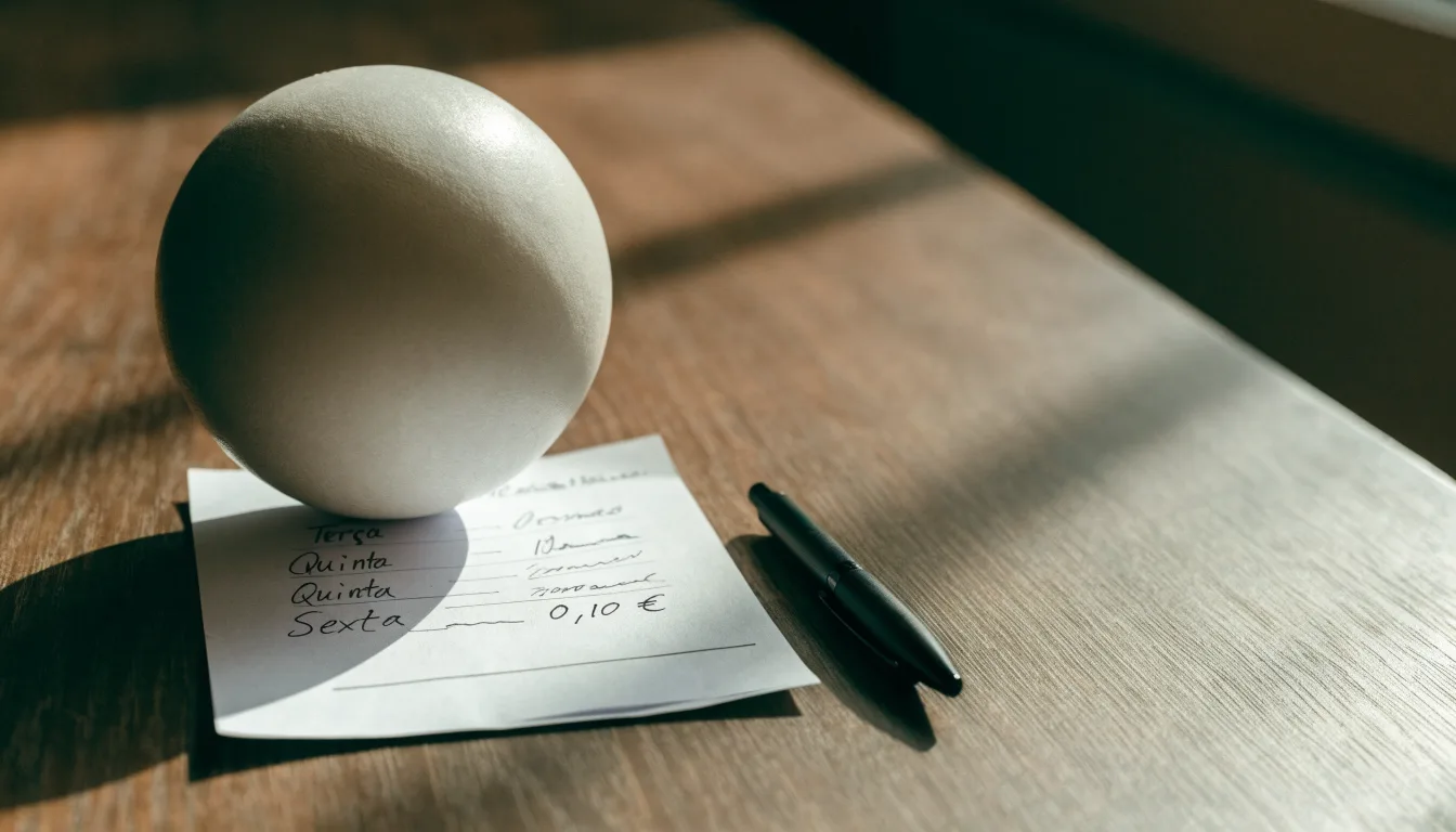 Uma bola de futebol pousada sobre um talão de apostas em branco numa mesa de madeira, à luz do dia