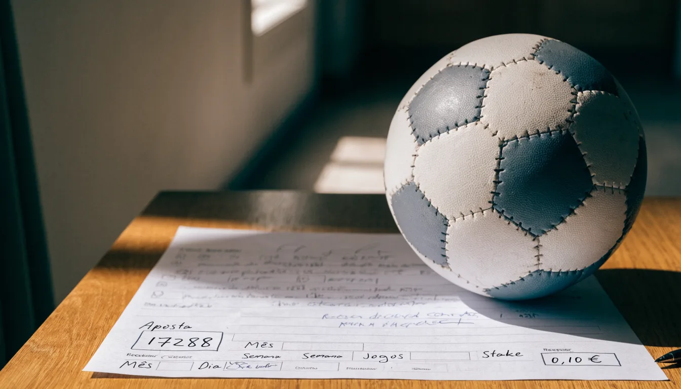 Uma bola de futebol pousada sobre um talão de apostas em branco numa mesa de madeira, à luz do dia
