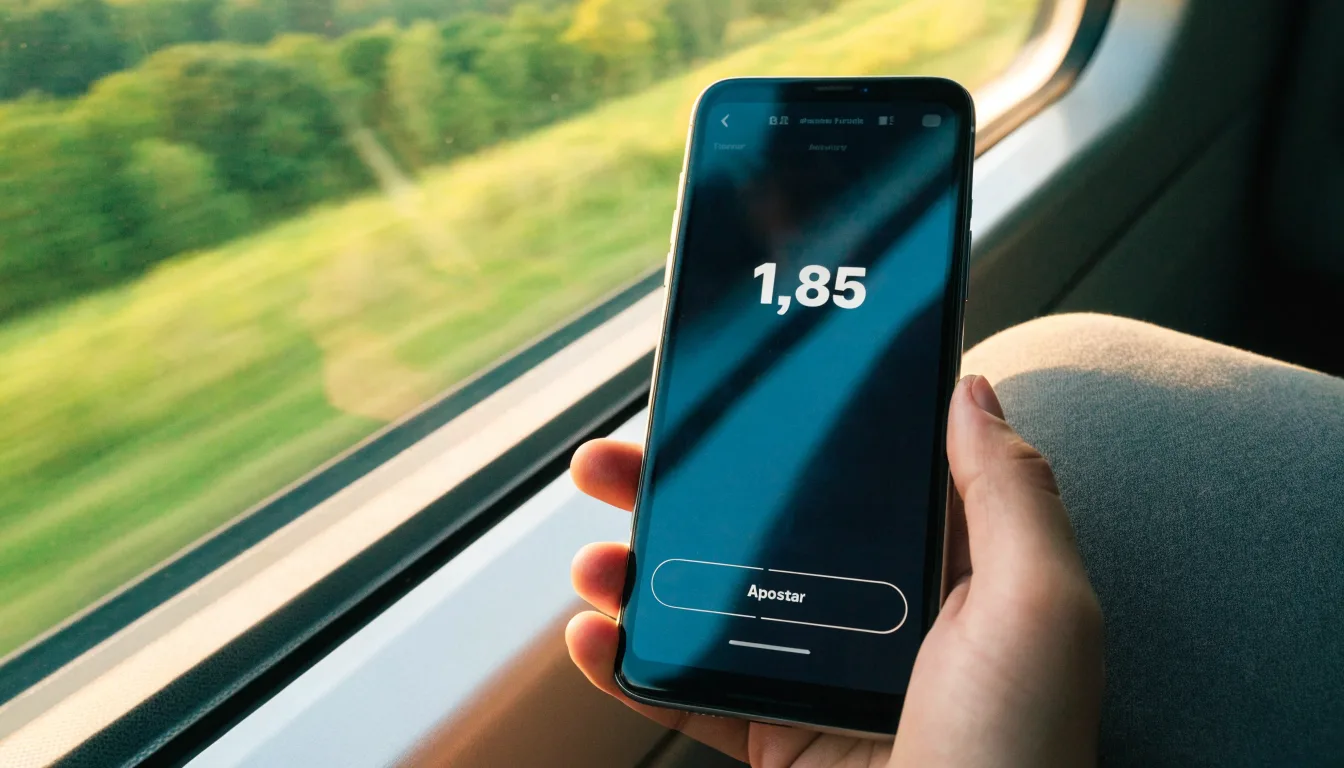 Uma mão a segurar um telemóvel com uma aposta no ecrã, num comboio ao fim da tarde
