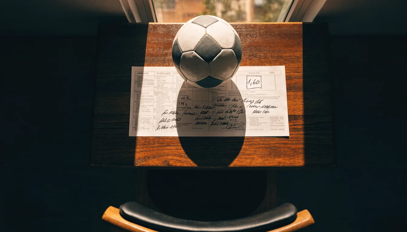 Uma bola de futebol pousada sobre um talão de apostas em branco numa mesa de madeira, à luz do dia