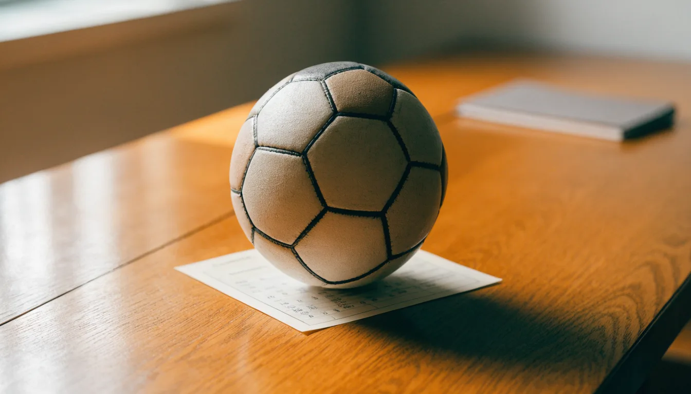 Uma bola de futebol pousada sobre um talão de apostas em branco numa mesa de madeira, à luz do dia